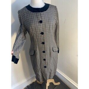 Vintage Lanz Originals Dress Sz 10 Wool Houndstooth Black & Gold Dog Show Outfit